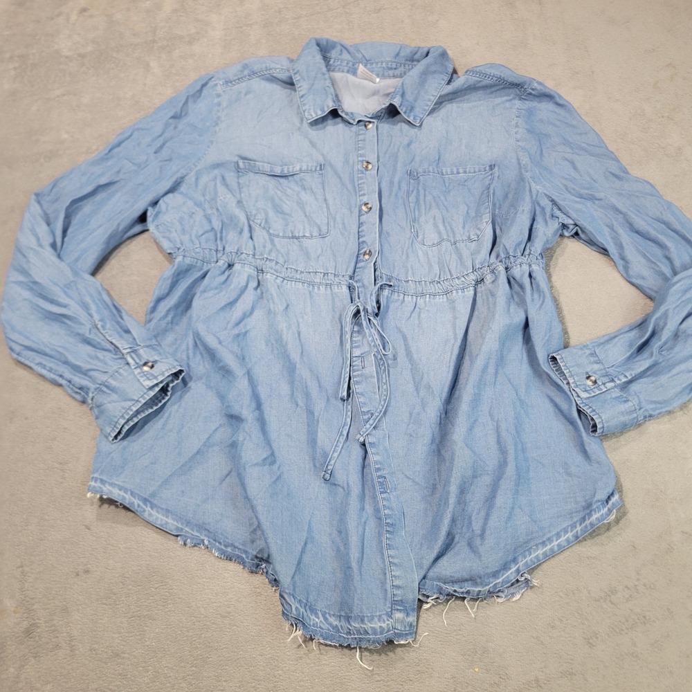 Time and Tru Maternity Shirt Womens L Blue Chambray Lyocell Drawstring Raw Hem